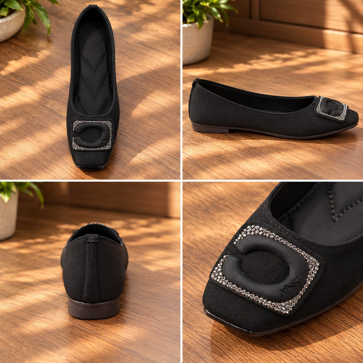 WASÈ M22 Crystal Buckle Ballet Flat – Black – Four Angles