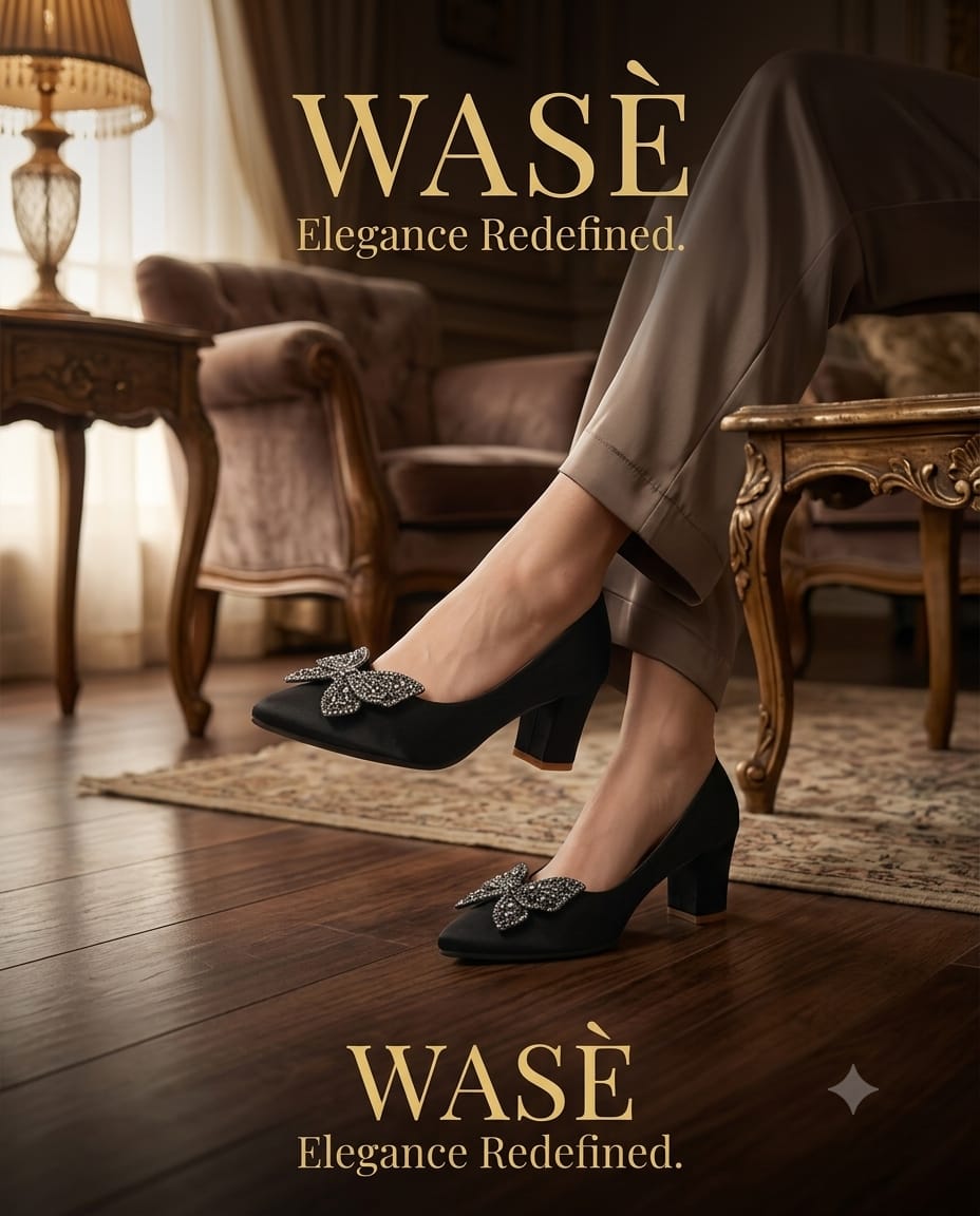 WASÈ Article M39 Black butterfly block heel pump – editorial lookbook