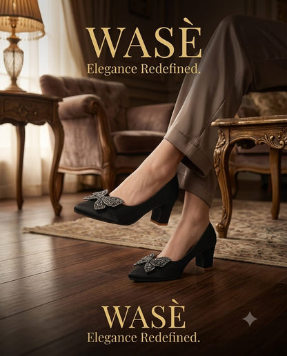 WASÈ Article M39 Black butterfly block heel pump – editorial lookbook