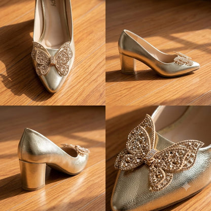WASÈ Article M39 Gold butterfly block heel pump – four angles