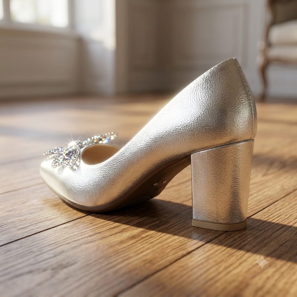 WASÈ Article M39 Silver butterfly block heel pump – side angle