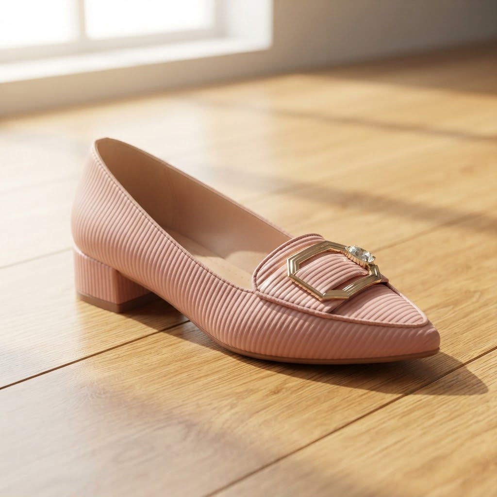 M52 – Gold Buckle Ribbed Loafer Block Heels