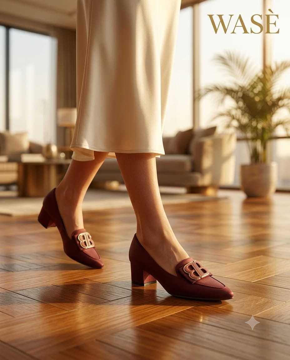 WASÈ M5 Monogram Buckle Block Heel Pump – Maroon – Feature