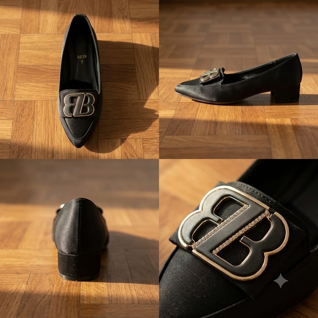 WASÈ M5 Monogram Buckle Block Heel Pump – Black – Four Angles