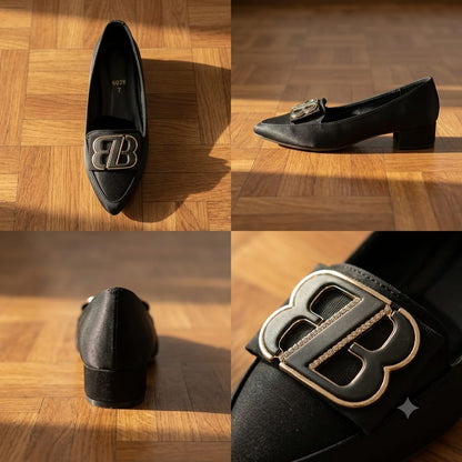 WASÈ M5 Monogram Buckle Block Heel Pump – Black – Four Angles