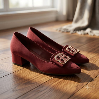 WASÈ M5 Monogram Buckle Block Heel Pump – Maroon – Side