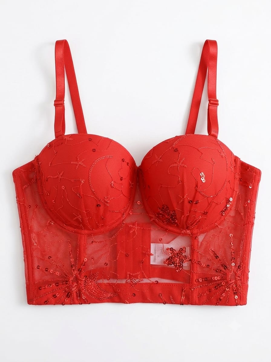 Women’s Embroidered Fancy Net Bra – Red