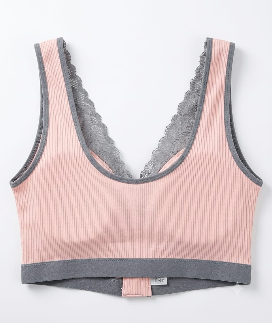 Women's Ribbed Lace-Trim Zip-Front Bra