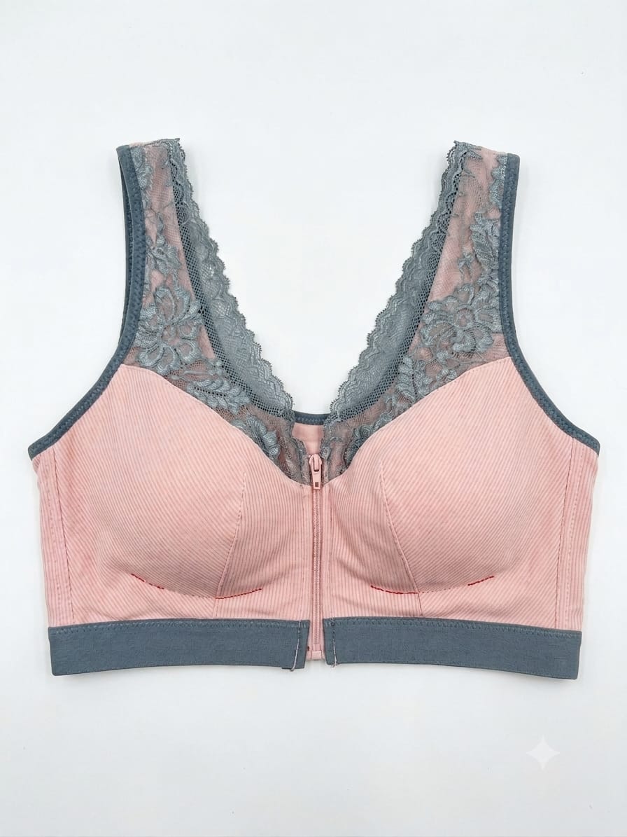 Women's Ribbed Lace-Trim Zip-Front Bra