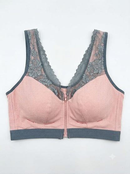Women's Ribbed Lace-Trim Zip-Front Bra